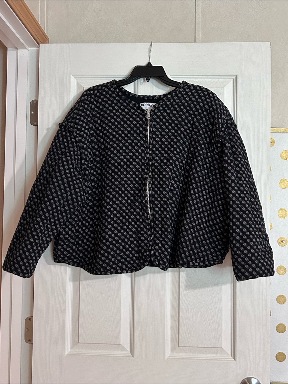 Old Navy Black Quilted Bomber Jacket with Gray Dot Print